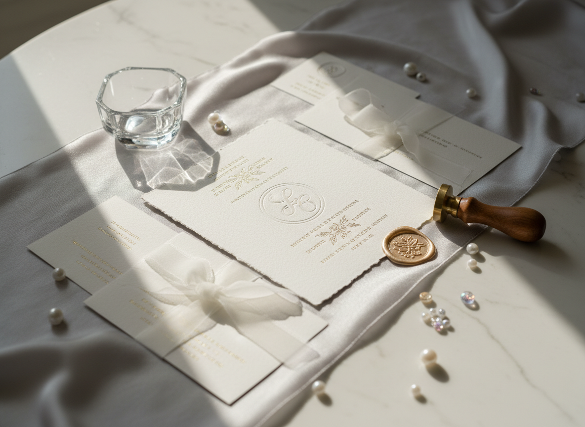 An opulent flat-lay of luxury wedding stationery arranged on a pale dove-gray silk runner atop a creamy marble tabletop. The centerpiece is a heavyweight, textured ivory invitation with blind-embossed monogram and soft gold foil details, accompanied by matching RSVP cards, a vellum wrap, and a wax seal resting beside a brass seal stamp. A crystal ring box and scattered pearlescent beads add subtle sparkle. Soft window light from the left creates gentle highlights on the foil and silk, with feathered shadows to the right. Photographic realism with a refined, minimalist composition using the rule of thirds and a shallow depth of field, evoking a serene, sophisticated atmosphere perfect for high-end event planning.