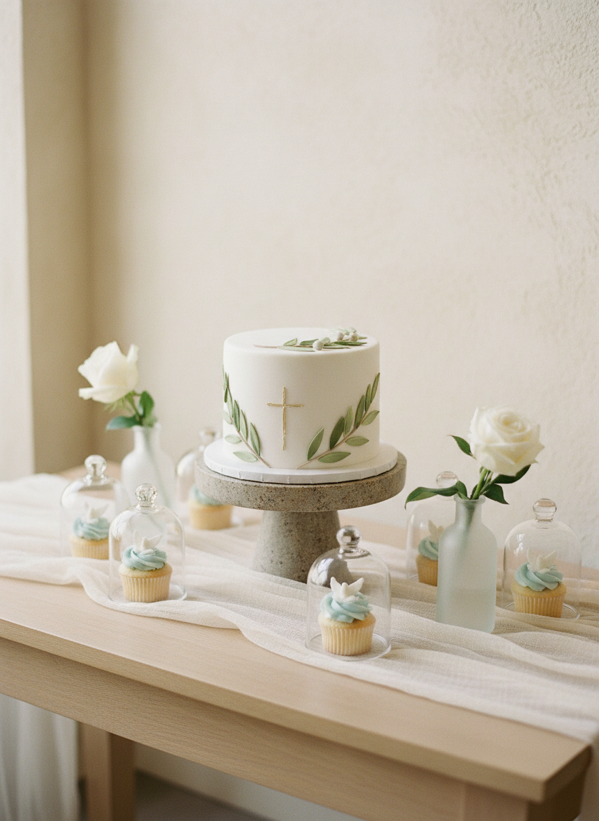 A serene baptism celebration dessert display set against a soft, textured plaster wall in warm ivory tones. Centered on a natural stone pedestal stand is a smooth white fondant cake adorned with delicate sugar olive branches and a subtle, hand-painted gold cross. Around it sit petite glass cloches covering vanilla cupcakes topped with pale blue buttercream swirls and tiny sugar doves. Frosted glass vases hold single white blooms, and a sheer gauze runner cascades over the edge of a light oak table. Gentle, diffused daylight from an unseen side window creates soft shadows and a calm, reverent atmosphere. Photographic realism with a slightly elevated angle and shallow depth of field focuses on the cake while the background melts into a peaceful blur.