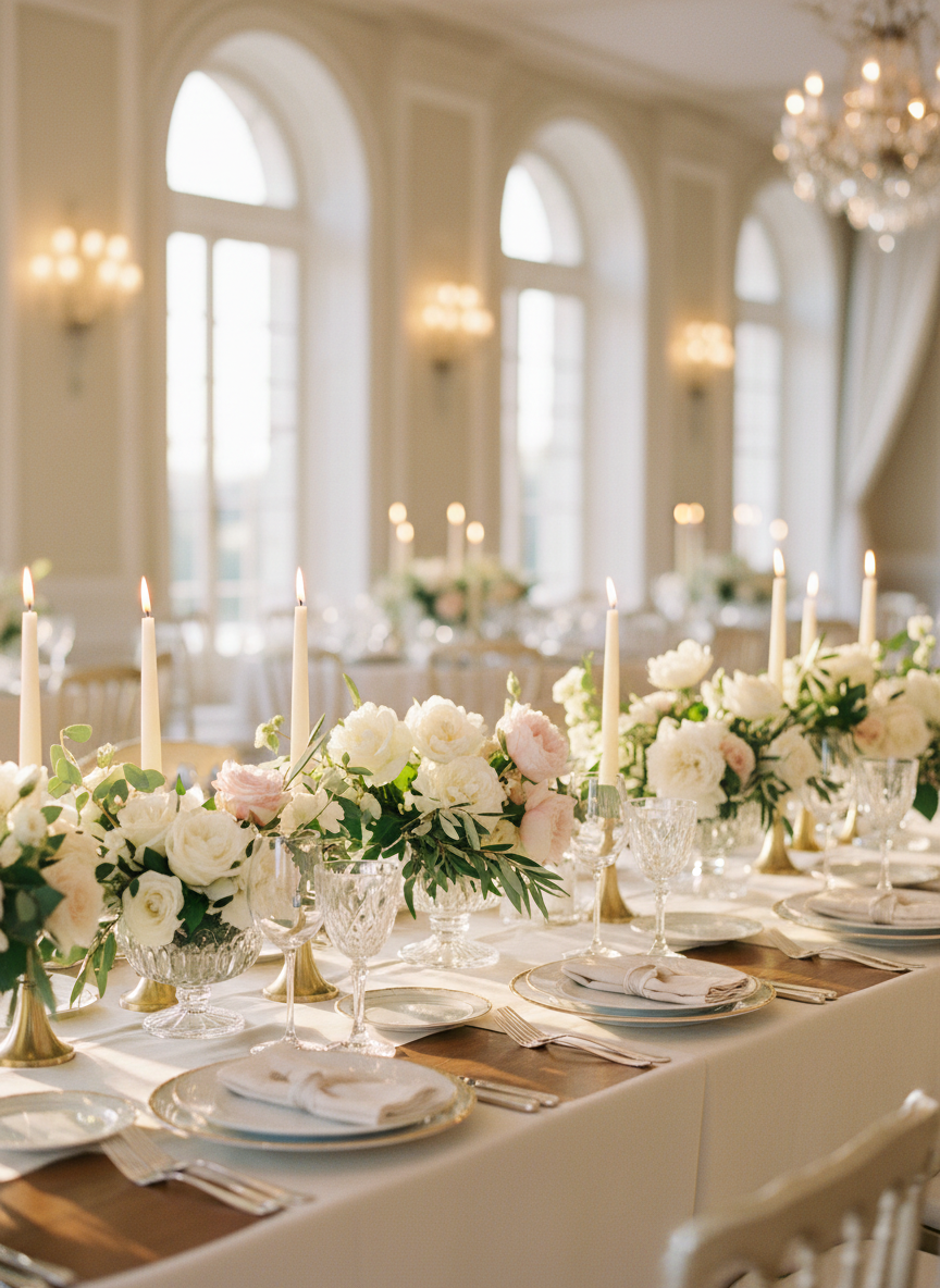 A meticulously styled wedding reception table featuring a long, pale champagne linen draped gracefully over the edges of a polished wooden table. At the center, low crystal compote vases overflow with white garden roses, blush peonies, and soft greenery, interwoven with slim ivory taper candles in brushed gold holders. Fine bone china plates with a thin gold rim are stacked neatly with linen napkins, and crystal stemware catches the light. Warm, diffused golden hour sunlight streams from tall windows in the background, creating soft highlights and a gentle bokeh of an elegant ballroom. Captured at eye level with photographic realism, the mood is intimate, luxurious, and timeless, emphasizing balance and symmetry in the composition.
