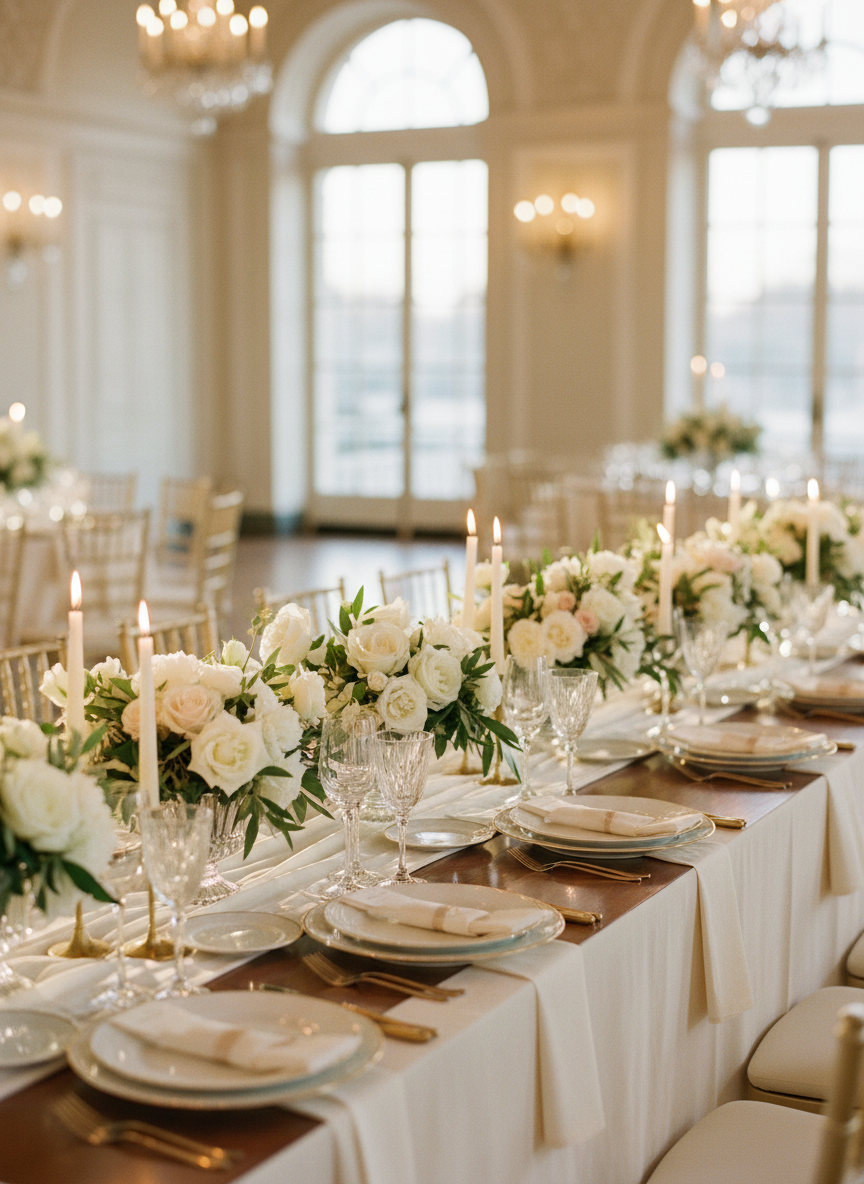 A meticulously styled wedding reception table featuring a long, pale champagne linen draped gracefully over the edges of a polished wooden table. At the center, low crystal compote vases overflow with white garden roses, blush peonies, and soft greenery, interwoven with slim ivory taper candles in brushed gold holders. Fine bone china plates with a thin gold rim are stacked neatly with linen napkins, and crystal stemware catches the light. Warm, diffused golden hour sunlight streams from tall windows in the background, creating soft highlights and a gentle bokeh of an elegant ballroom. Captured at eye level with photographic realism, the mood is intimate, luxurious, and timeless, emphasizing balance and symmetry in the composition.