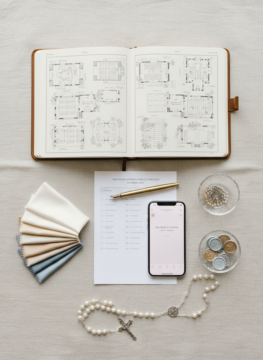 An exquisitely arranged wedding and baptism planning flat-lay on a pale linen backdrop, featuring open leather-bound planning notebooks with neatly sketched floor plans, fabric swatches in ivory, champagne, and powder blue, and a brass fountain pen resting across a timeline sheet. Nearby, a smartphone displays a minimalist event timeline, while small crystal dishes hold tiny pearl-topped pins and miniature wax seal samples. A delicate rosary with mother-of-pearl beads lies gracefully draped along the edge of the composition. Soft, natural overhead light creates even illumination with subtle, refined shadows. Photographic realism with a clean, editorial composition shot from a true bird’s-eye view, conveying a mood of calm precision, organization, and elevated professionalism in luxury event planning.