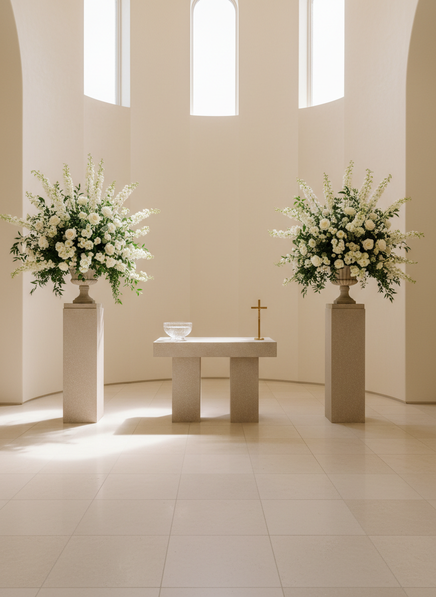 A luxurious ceremony altar setup in a grand yet minimal chapel-inspired space, without any visible attendees. Two tall stone plinths flank a central aisle, each supporting oversized, airy floral arrangements of white delphiniums, garden roses, and soft greenery that seem to float against a backdrop of smooth, warm white walls. Between them, a simple sculpted stone table holds an elegant crystal bowl of water and a slender gold cross. Soft, filtered daylight pours in from high, unseen arched windows, casting elongated, gentle shadows across the light limestone floor. Photographic realism with an eye-level, centered composition emphasizes symmetry and serenity, creating a reverent, sophisticated mood ideal for both weddings and baptisms.